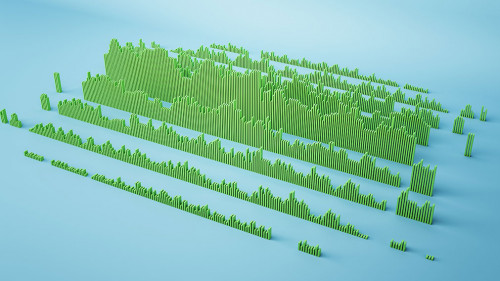 Abstract green business chart and graph on blue backdrop. Finance, report and banking concept. 3D Rendering.