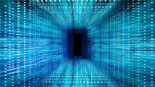 Abstract Virtual Cyberspace Tunnel, Neon Blue Background, Panorama