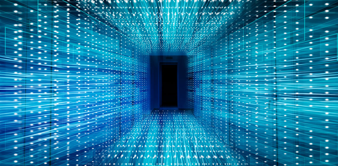 Abstract Virtual Cyberspace Tunnel, Neon Blue Background, Panorama