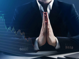 businessman search problem solution, collect thoughts together, organize his emotional state before important meeting. Prayer hands sign of ask help