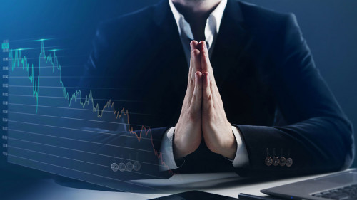 businessman search problem solution, collect thoughts together, organize his emotional state before important meeting. Prayer hands sign of ask help