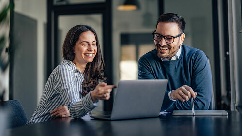 Smiling people, in the meeting room, using a laptop, searching s