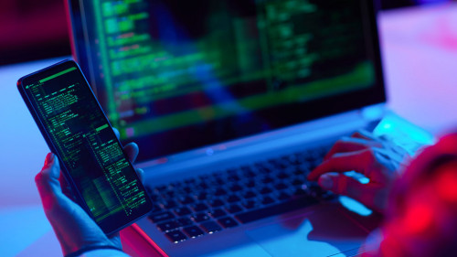 Modern female working on cyber security firewall protection