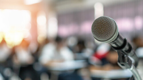Microphone voice speaker in business seminar, speech presentatio