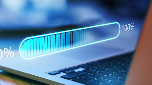 Digital world concept with hologram digitalization word and loading bar element icon on laptop keyboard background