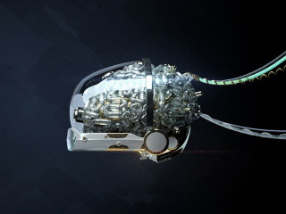 Wired glossy robotic organ - brain 3d render Cyborg brain 3d illustration generative Neural networks machine learning metaphor