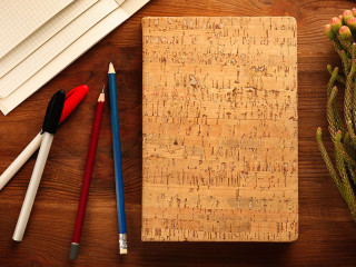 Notebook with plant on wooden table