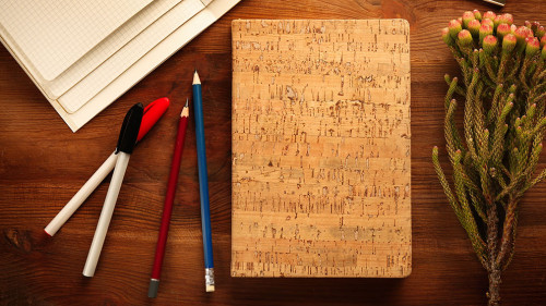 Notebook with plant on wooden table