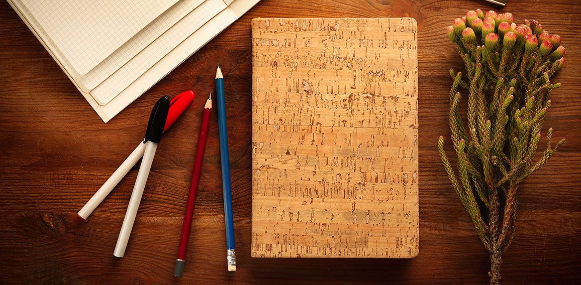 Notebook with plant on wooden table