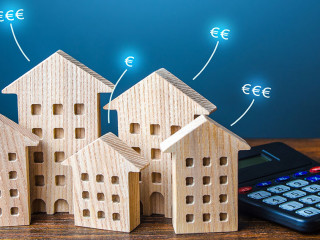 Residential buildings with euro price tags and calculator. Property valuation. Investment business plan. Market study. Calculating mortgage. Prices comparison for renting apartments. Housing value.