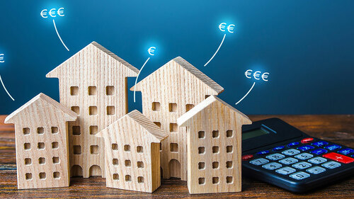 Residential buildings with euro price tags and calculator. Property valuation. Investment business plan. Market study. Calculating mortgage. Prices comparison for renting apartments. Housing value.