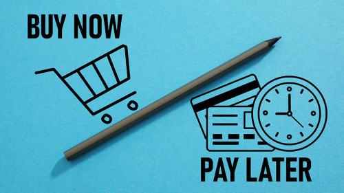 Buy now pay later is shown using the text and pictures of cart trolley and bank cards