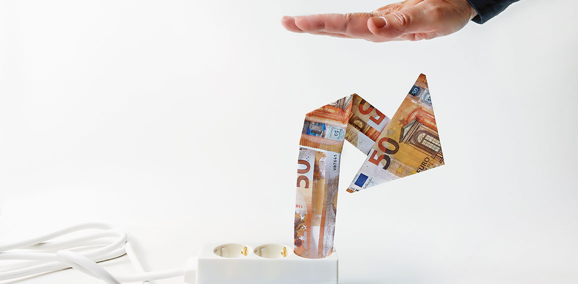 Power strip with rising arrow made of euro banknotes, hand from