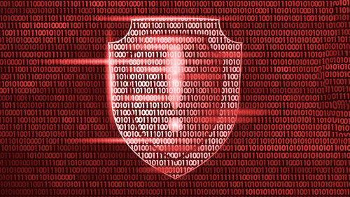 Shield guard safety system binary code flow. Big data security hacker attack computer antivirus business concept exclamation point information vector illustration