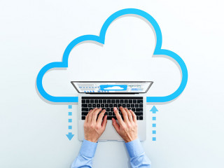 Cloud computing technology. Business man using laptop. Upload an