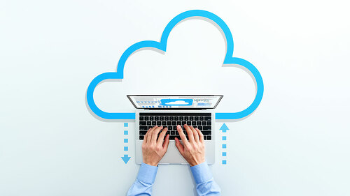 Cloud computing technology. Business man using laptop. Upload an