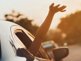 Hatchback Car travel driving road trip of woman summer vacation