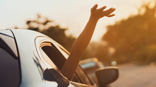 Hatchback Car travel driving road trip of woman summer vacation