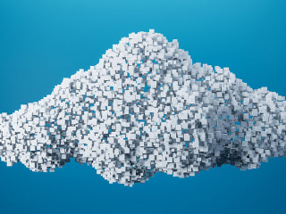 Wireless connection and cloud storage concept with 3D white cloud made up of pixels figures on abstract blue background. 3D rendering