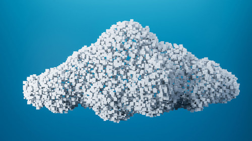 Wireless connection and cloud storage concept with 3D white cloud made up of pixels figures on abstract blue background. 3D rendering