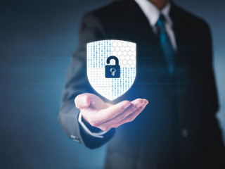 Data or network protection security, businessman press shield icon virtual screen. binary 1010.