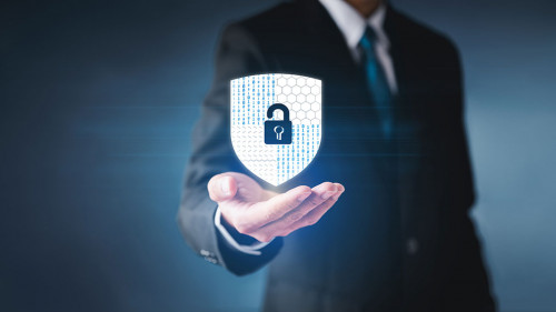 Data or network protection security, businessman press shield icon virtual screen. binary  1010.