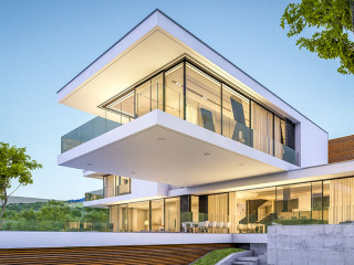 3d rendering of modern house by the river at evening