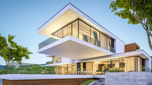 3d rendering of modern house by the river at evening