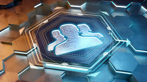 User icon creativity concept engraved on metal hexagonal pedestr