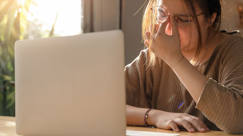 Stressed female trader disappointed when lose money from Cryptocurrency trading or stock market investing from economy crisis, money down trend, cryptocurrency risk, bad analysis. Lose money concept.