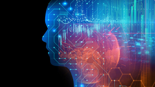 silhouette of virtual human on circuit pattern technology 3d ill