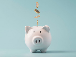 Coins falling to white piggy saving ,  Financial and money depos