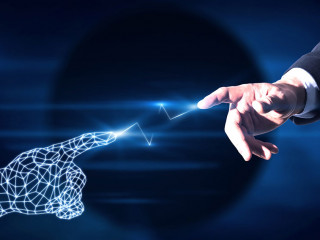 Businessman pointing at polygonal hand on blue background. Digital transformation and ai concept.