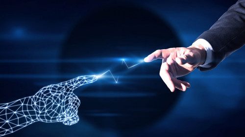 Businessman pointing at polygonal hand on blue background. Digital transformation and ai concept.