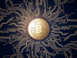 Gold coin Bitcoin on a black background. The concept of crypto currency. blockchain technology.