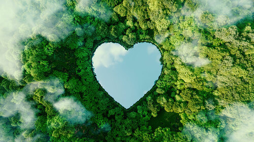 A heart-shaped lake in the middle of untouched nature - a concep