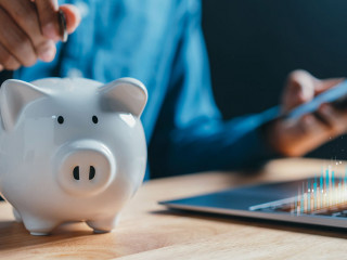 Businessman savings money in piggy bank goal achievement chart graph and arrows. Funds and stock Investment profits. assets, wealth, lucrative. Purchase insurance and investing for retirement concept.