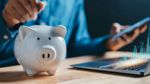 Businessman savings money in piggy bank goal achievement chart graph and arrows. Funds and stock Investment profits. assets, wealth, lucrative. Purchase insurance and investing for retirement concept.