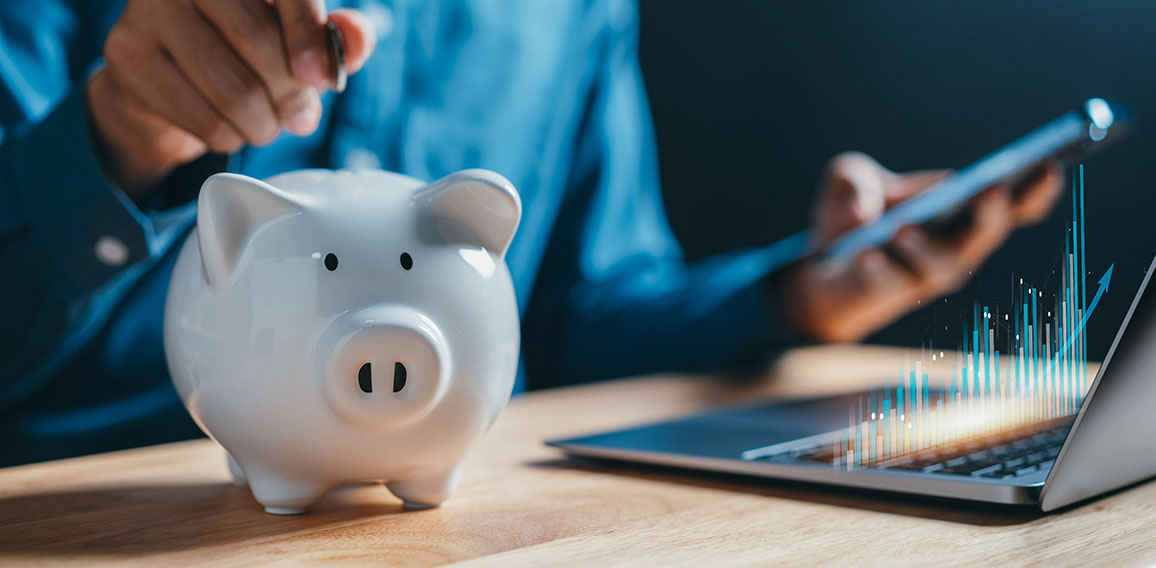 Businessman savings money in piggy bank goal achievement chart graph and arrows. Funds and stock Investment profits. assets, wealth, lucrative. Purchase insurance and investing for retirement concept.