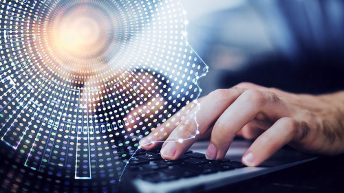 Businessman with computer background with brain theme hologram. Concept of brainstorm. Multi exposure.