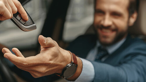 Image of man getting the keys to the automobile from the seller