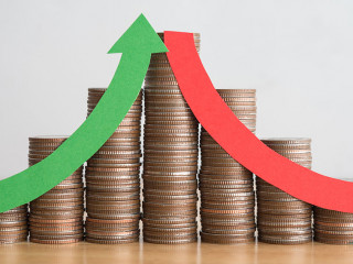 Stack coins and arrow red green curve graph chart volatility up