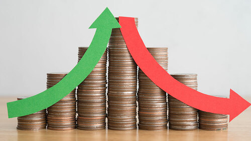 Stack coins and arrow red green curve graph chart volatility up