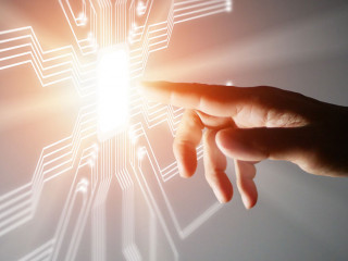 A Finger Pushes Touch Virtual Screen Button to Activate Futuristic Artificial Intelligence, AI. Machine Learning. Computer Technology working with Human. Beginning or starting of new tech. Connection to the world of technologies, business, or science
