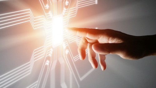 A Finger Pushes Touch Virtual Screen Button to Activate Futuristic Artificial Intelligence, AI. Machine Learning. Computer Technology working with Human. Beginning or starting of new tech. Connection to the world of technologies, business, or science