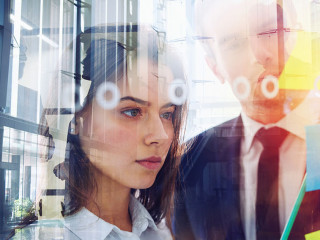 Team of happy people work together as teamwork and partner