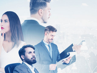 Manager team in city, social connection