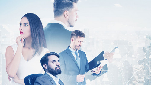 Manager team in city, social connection