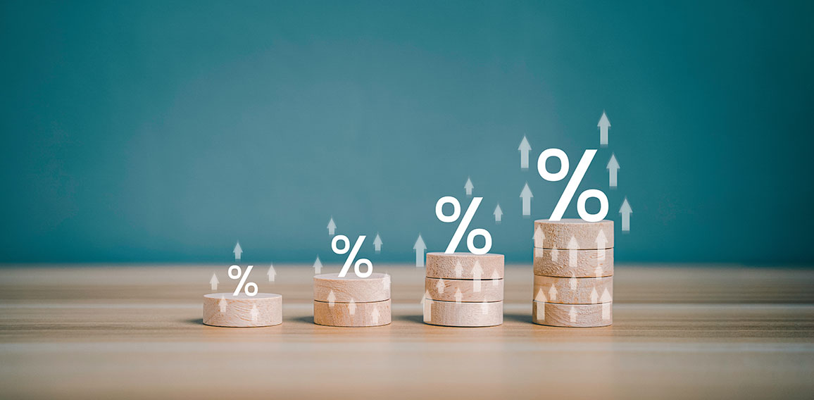 Interest rate financial and mortgage rates concept. Wooden block