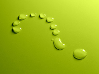 Water drops question mark on green background